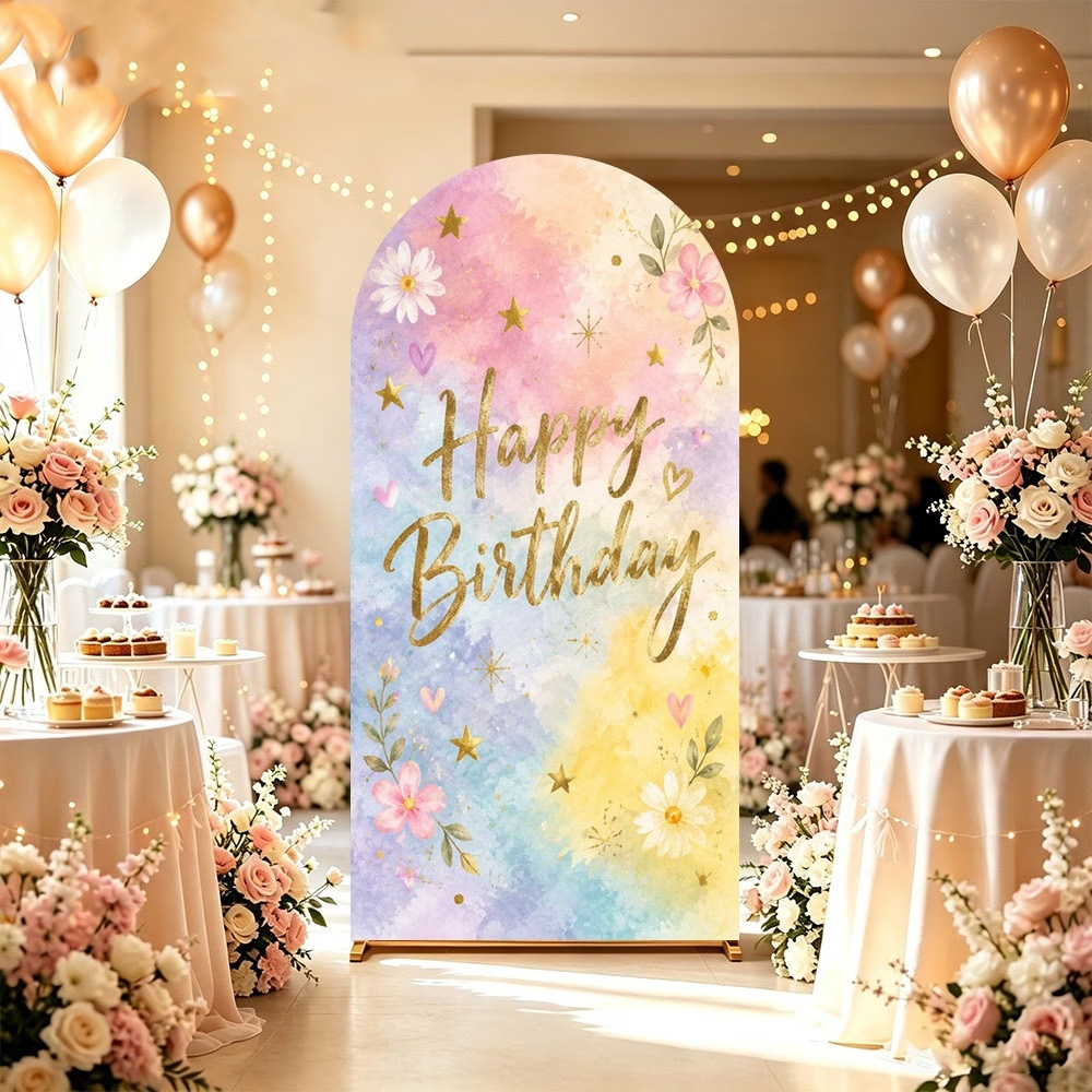 Dessert Table Backdrop - Custom 2-sided Floral Watercolor Themed Happy